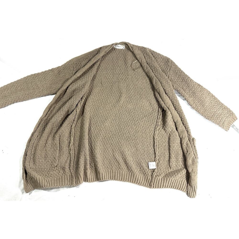 Pink Rose Beige Cable Knit Cardigan Sweater Small Open Front Longline Pockets - Picture 10 of 13